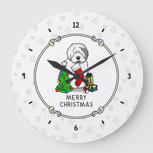 Vrolijk kerstfeest 2 Oude Engelse Sheepdog Grey 1 Grote Klok (Voorkant)