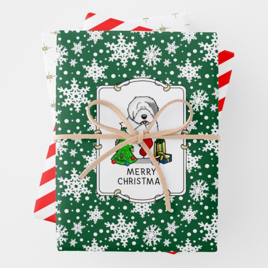 Vrolijk kerstfeest 2 Oude Engelse Sheepdog Grey 1 Inpakpapier Vel (In situ)