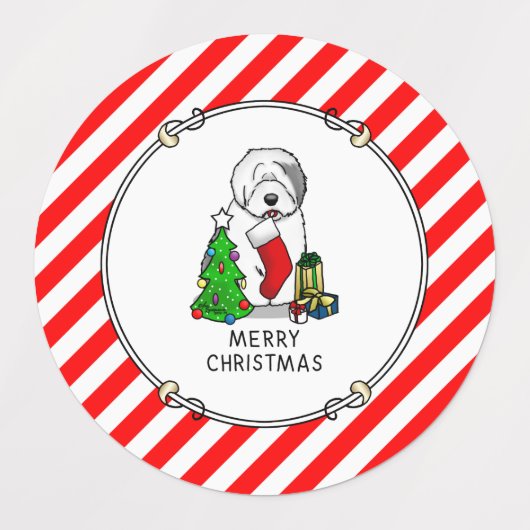 Vrolijk kerstfeest 2 Oude Engelse Sheepdog Grey 1 Labels (Design 2)