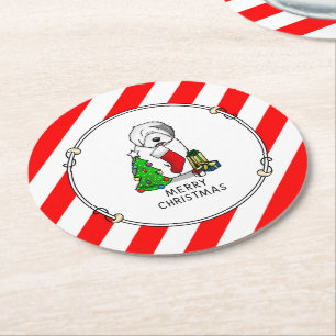 Vrolijk kerstfeest 2 Oude Engelse Sheepdog Grey 1 Ronde Kartonnen Onderzetter