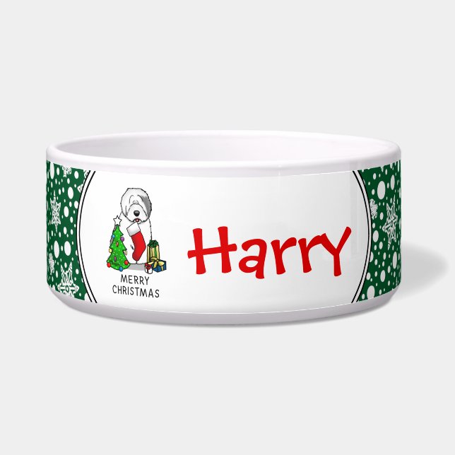 Vrolijk kerstfeest 2 Oude Engelse Sheepdog Grey 1 Voerbakje (Voorkant)