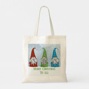 Vrolijk kerstfeest 3 Colorful Holiday Gnomen in sn Tote Bag