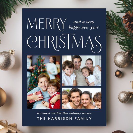 Vrolijk Kerstfeest 3 Foto Blauw Feestdagenkaart