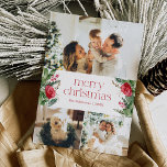 Vrolijk Kerstfeest 3 Foto Botanisch groen Feestdagenkaart<br><div class="desc">Dit collectie is voorzien van waterverf rode bloemen,  bessen & wintergroen met een moderne en elegante typografie,  met een winterbotanische patroonrug.</div>