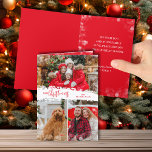 Vrolijk kerstfeest 3 foto collage gevouwen feestdagen kaart<br><div class="desc">Multi-foto gevouwen kerstvakantie kaarten zijn voorzien van Merry Christmas in chique letters op een splash van sneeuw in het midden op de voorkant met uw favoriete foto's en uw persoonlijke boodschap en namen aan de binnenkant.</div>