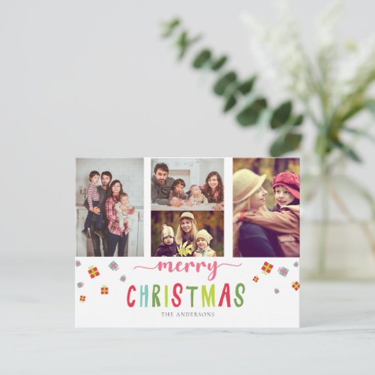 Vrolijk kerstfeest 3 foto collage kleurig feesteli briefkaart (Staand voorkant)