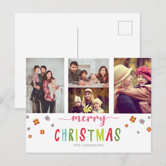 Vrolijk kerstfeest 3 foto collage kleurig feesteli briefkaart (Voorkant / Achterkant)