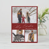 Vrolijk Kerstfeest 3 foto collage modern rood Feestdagenkaart (Staand voorkant)