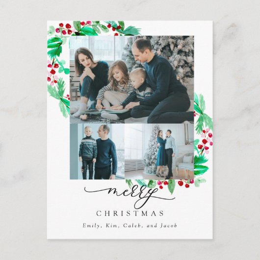 Vrolijk kerstfeest 3 Foto Collage Wreath Holiday Briefkaart (Voorkant)