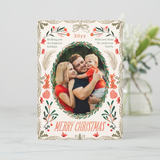 Vrolijk Kerstfeest 3 Foto Coquette Botanische Bloe Feestdagenkaart (Staand voorkant)