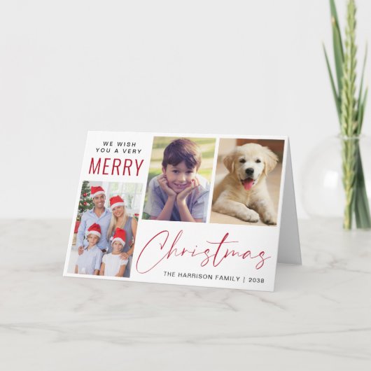 Vrolijk Kerstfeest 3 Foto Rood Script Feestdagen Kaart (Voorkant)
