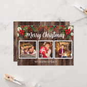 Vrolijk Kerstfeest 3 Foto Rustiek Hout Rood Poinse Kaart (Voorkant / Achterkant in situ)