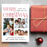 Vrolijk kerstfeest 3 fotokaart feestdagenkaart<br><div class="desc">Moderne vakantiefoto collage wenskaart. "Merry Christmas" is geschreven in gestileerde  rode typografie. Personaliseer met drie familie afbeeldingen,  een seizoensgebonden groet en jouw naam.</div>