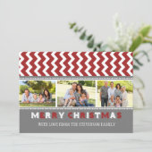 Vrolijk kerstfeest 3 Fotokaart grijs rood Chevron Feestdagenkaart (Staand voorkant)