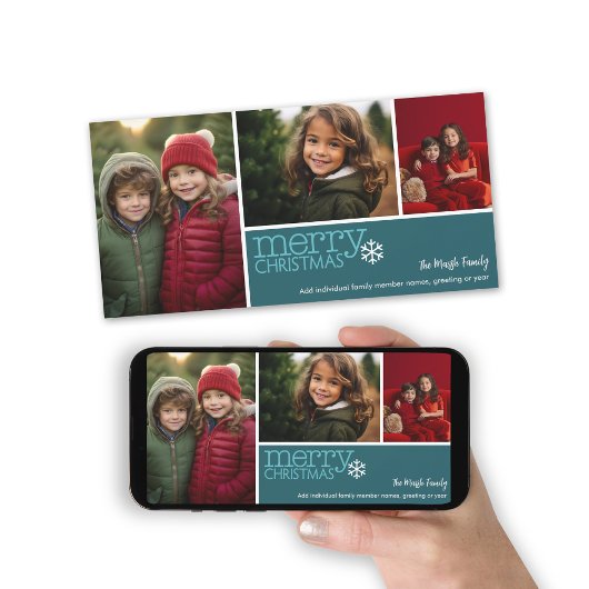 Vrolijk kerstfeest - 3 foto's - blauwgroen blauwe feestdagenkaart