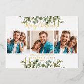 Vrolijk kerstfeest 3 Foto's Greenery Gold Folie Feestdagenkaart (Voorkant)