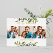 Vrolijk kerstfeest 3 Foto's Greenery Gold Folie Feestdagenkaart (Staand Voorkant)