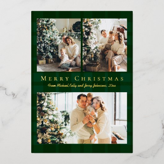 Vrolijk Kerstfeest 3 Foto's Groene Buffalo Plaid G Folie Feestdagenkaart (Voorkant)