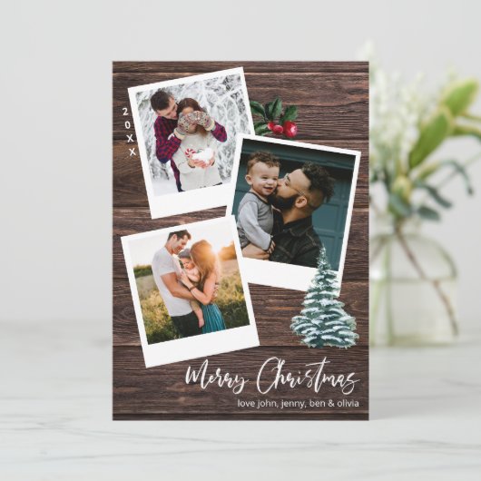 Vrolijk kerstfeest 3 Instant Photo Rustic Kaart (Staand voorkant)