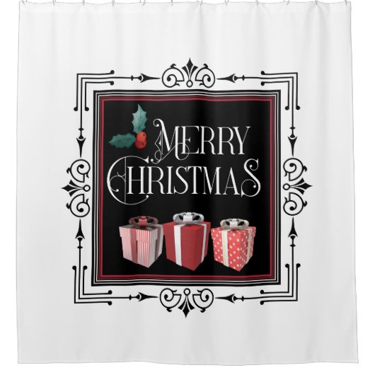 Vrolijk kerstfeest 3 rode pakketten Art Deco Lijst Douchegordijn (Voorkant)