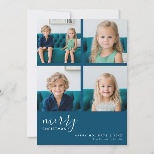 Vrolijk Kerstfeest 4 Foto - Blauw Botanisch Feestdagenkaart (Voorkant)