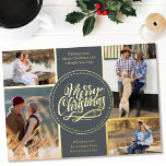 Vrolijk kerstfeest 4 Foto Collage Gray en Gold Folie Feestdagenkaart<br><div class="desc">Pas deze luxe goudfolie kerstkaart aan met vier van uw favoriete foto's. De sjabloon is opstelling klaar voor u om uw vier foto's toe te voegen en, heeft het ook twee secties voor uw groeten en uw namen. In het midden van de kaart staat de term "prettige kerst" in een...</div>