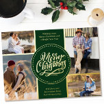 Vrolijk kerstfeest 4 Foto Collage Green en Gold Folie Feestdagenkaart<br><div class="desc">Pas deze luxe goudfolie kerstkaart aan met vier van uw favoriete foto's. De sjabloon is opstelling klaar voor u om uw vier foto's toe te voegen en, heeft het ook twee secties voor uw groeten en uw namen. Het midden van de kaart is voorzien van de vermelding "Vrolijk kerstfeest" in...</div>