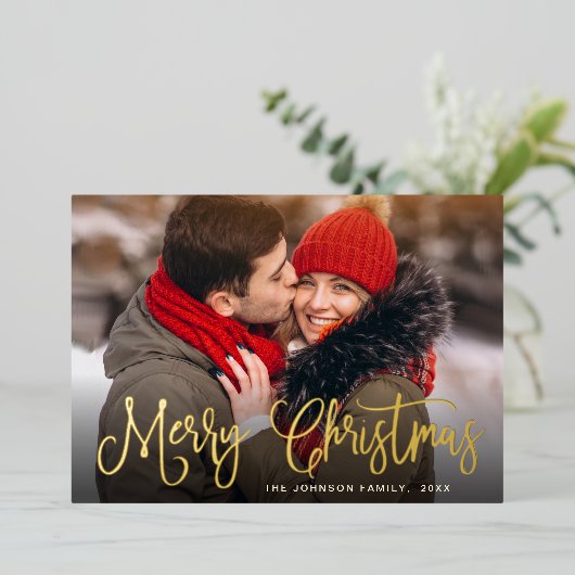 Vrolijk Kerstfeest 4 FOTO Groet Goud Folie Feestdagenkaart (Staand Voorkant)