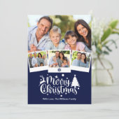 Vrolijk Kerstfeest 4 Foto Kerst Marine Blauw Feestdagenkaart (Staand voorkant)
