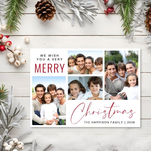 Vrolijk Kerstfeest 4 Foto Rood Script Feestdagen Kaart