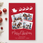 Vrolijk Kerstfeest 4 Foto Santa Sleigh Red Feestdagenkaart<br><div class="desc">Feestelijke rode kerstkaart met een 4 foto collage van verspreide afbeeldingen in witte lijsten,  een afbeelding van rendieren die Santa's slee vliegen,  "Merry Christmas" in een stijlvol wit script en jouw naam in eenvoudige witte typografie.</div>