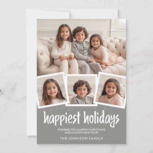 Vrolijk Kerstfeest 4 foto's Grijs Koraal Botanisch Feestdagenkaart (Voorkant)