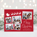 Vrolijk Kerstfeest 5 Foto Collage Santa Sleigh Feestdagenkaart<br><div class="desc">Feestelijke rode vakantiekaart met een 5-foto collage van verspreide afbeeldingen in witte lijsten, een wit silhouet van rendieren die met de slee van de Kerstman vliegen, "Vrolijk kerstfeest" in een stijlvol wit script en jouw naam in eenvoudige moderne witte typografie. Pas op de achterkant uw bericht aan of laat leeg...</div>
