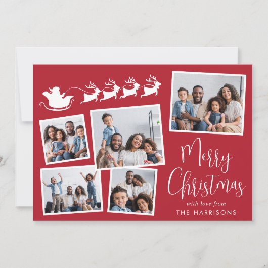 Vrolijk Kerstfeest 5 Foto Collage Santa Sleigh Feestdagenkaart (Voorkant)