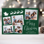 Vrolijk Kerstfeest 5 Foto Santa Sleigh Green Feestdagenkaart<br><div class="desc">Feestelijke groene kerstkaart met een 5 foto collage van verspreide afbeeldingen in witte lijsten,  een silhouet van rendieren die Santa's slee vliegen,  "Merry Christmas" in een stijlvol wit script en jouw naam in hedendaagse witte typografie.</div>