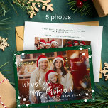 Vrolijk Kerstfeest 5 fotocollage groen Feestdagenkaart<br><div class="desc">Eenvoudige minimalistische vijf aangepaste familiefoto's "Vrolijk kerstfeest en een gelukkig nieuwjaar" (veranderlijk) typografie script tekst overlay horizontale kerstvakantie kaart sjabloon met een bos groen lijst en witte sneeuwvlokken.                         Eenvoudig te personaliseren met uw afbeeldingen,  tekst,  naamhandtekening en wensen aan beide zijden!</div>