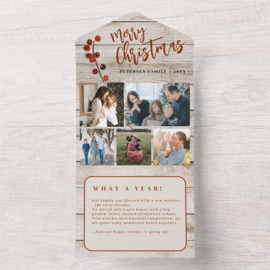 Vrolijk Kerstfeest 5 foto's rustieke houten vakant All In One Uitnodiging (Binnen)