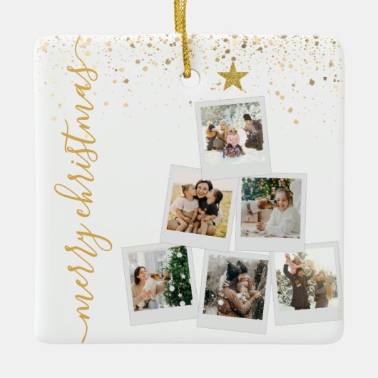 Vrolijk Kerstfeest 6 Foto Collage Tree Keramisch Ornament (Voorkant)