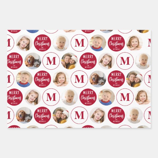 Vrolijk Kerstfeest 6 Foto's Monogram Rood Groen Inpakpapier Vel (Voorkant 3)