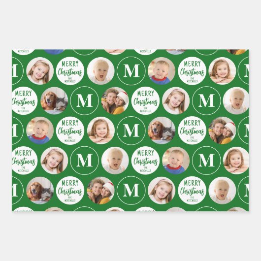 Vrolijk Kerstfeest 6 Foto's Monogram Rood Groen Inpakpapier Vel (Voorkant)