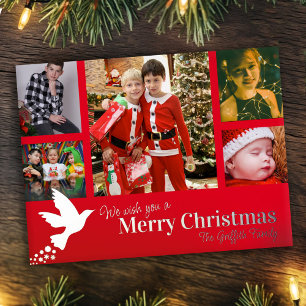 Vrolijk kerstfeest 6 foto's rode vliegduif folie feestdagen briefkaart