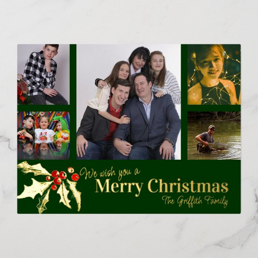 Vrolijk kerstfeest 6 foto's rood groen goud heilig folie feestdagen briefkaart (Voorkant)