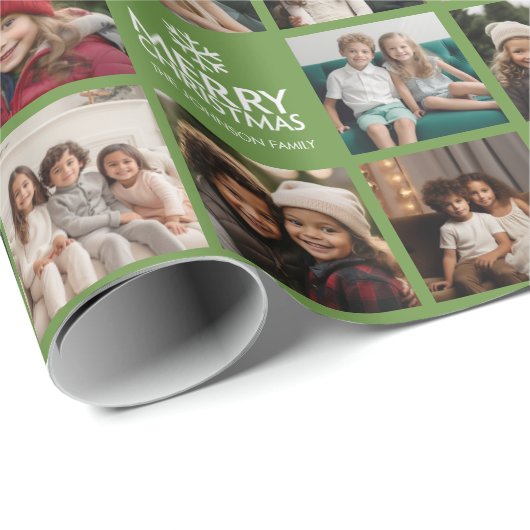 Vrolijk Kerstfeest 8 Fotocollage Avocado Groen Cadeaupapier (Rol Hoek)