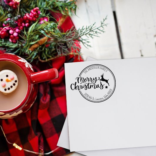 Vrolijk kerstfeest, aangepaste familie retour adre rubberstempel