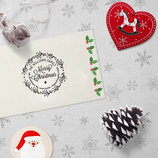 Vrolijk kerstfeest, aangepaste familie retour adre rubberstempel