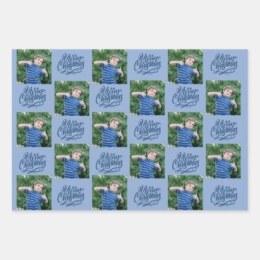 Vrolijk kerstfeest Aangepaste foto Blauw set van 3 Inpakpapier Vel (Voorkant 2)