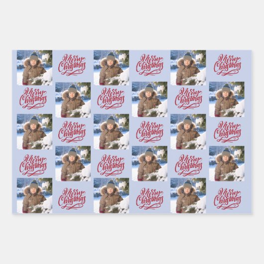 Vrolijk kerstfeest Aangepaste foto Blauw set van 3 Inpakpapier Vel (Voorkant)