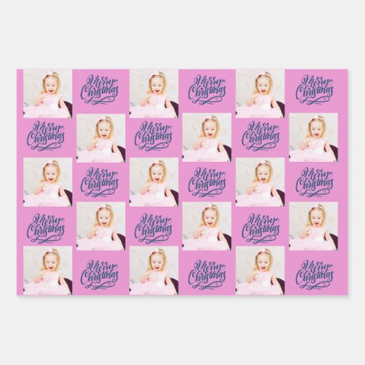 Vrolijk kerstfeest Aangepaste foto Roze set van 3 Inpakpapier Vel (Voorkant 3)