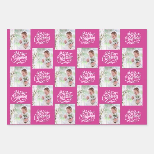 Vrolijk kerstfeest Aangepaste foto Roze set van 3 Inpakpapier Vel (Voorkant 2)