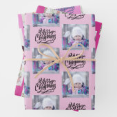 Vrolijk kerstfeest Aangepaste foto Roze set van 3 Inpakpapier Vel (In situ)